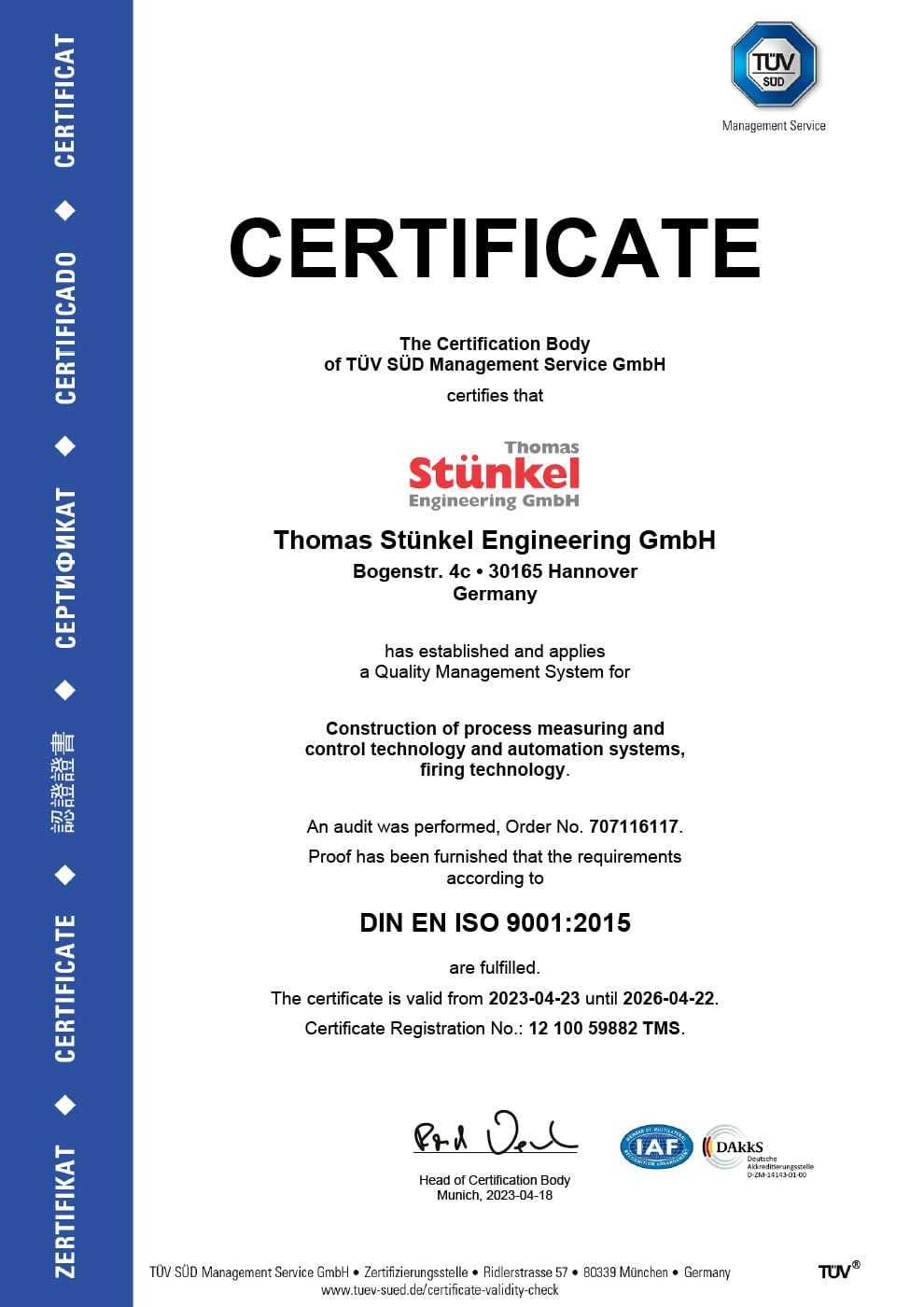 Stuenkel Engineering TUEV Zertifikat englisch