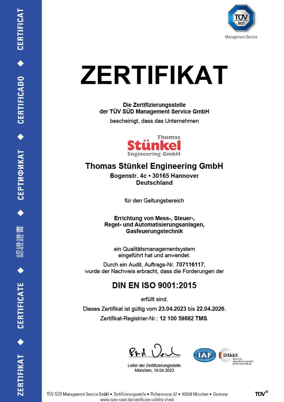 Stuenkel Engineering TUEV Zertifikat deutsch